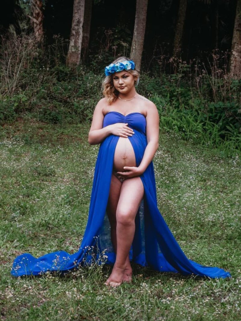 YnimioAOX Women's Off Shoulder Strapless Sweetheart Maternity Dress for Photography Split Front Chiffon Gown for Photoshoot,Navy - Image 5